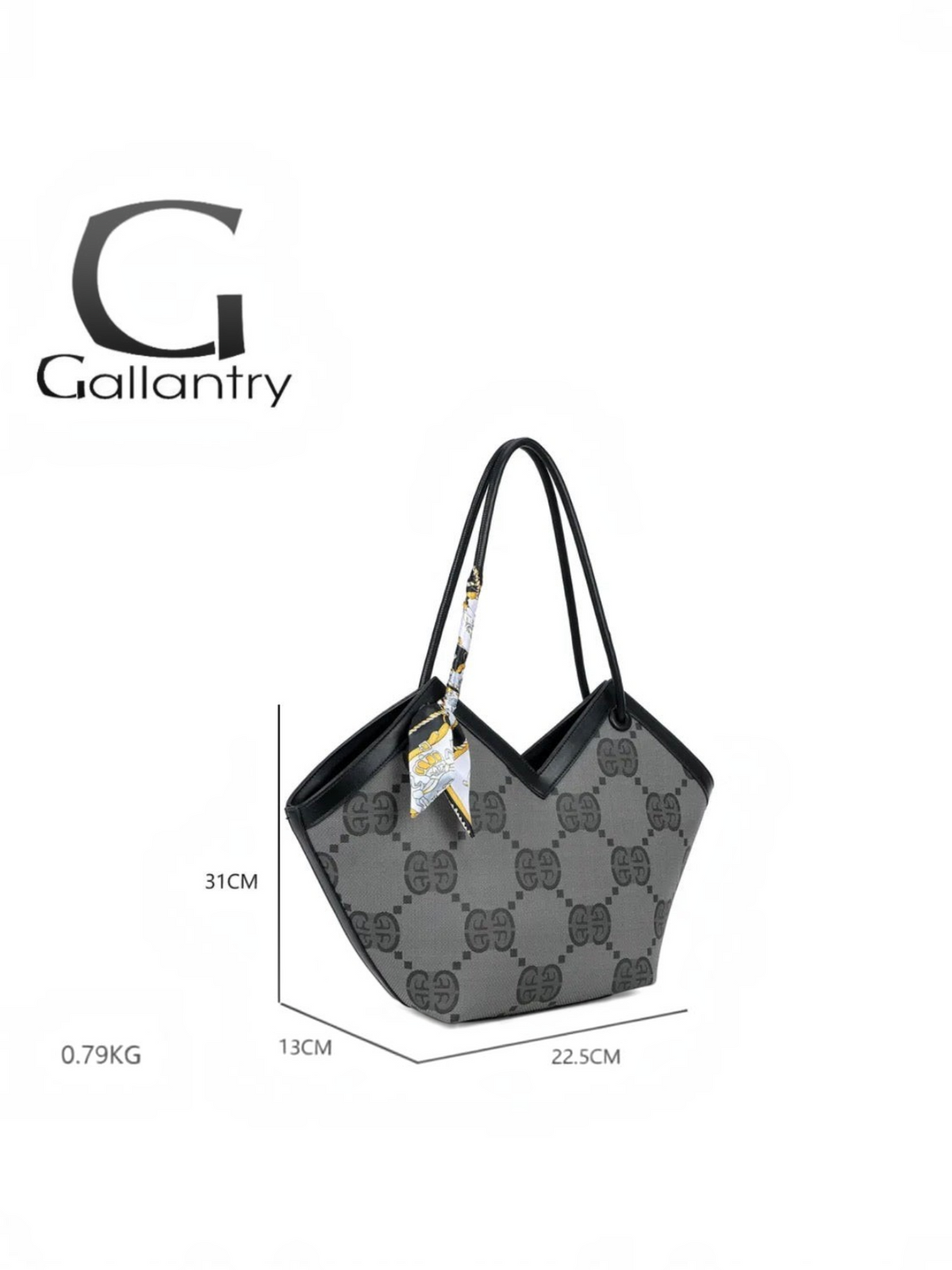 Sac à main BROCK GALLANTRY noir et gris en PU avec motif monogramme, anses noires et foulard décoratif amovible.