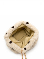 Pochette BROCK GALLANTRY en moumoute beige à pois marron avec chaîne dorée, vue intérieure ouverte