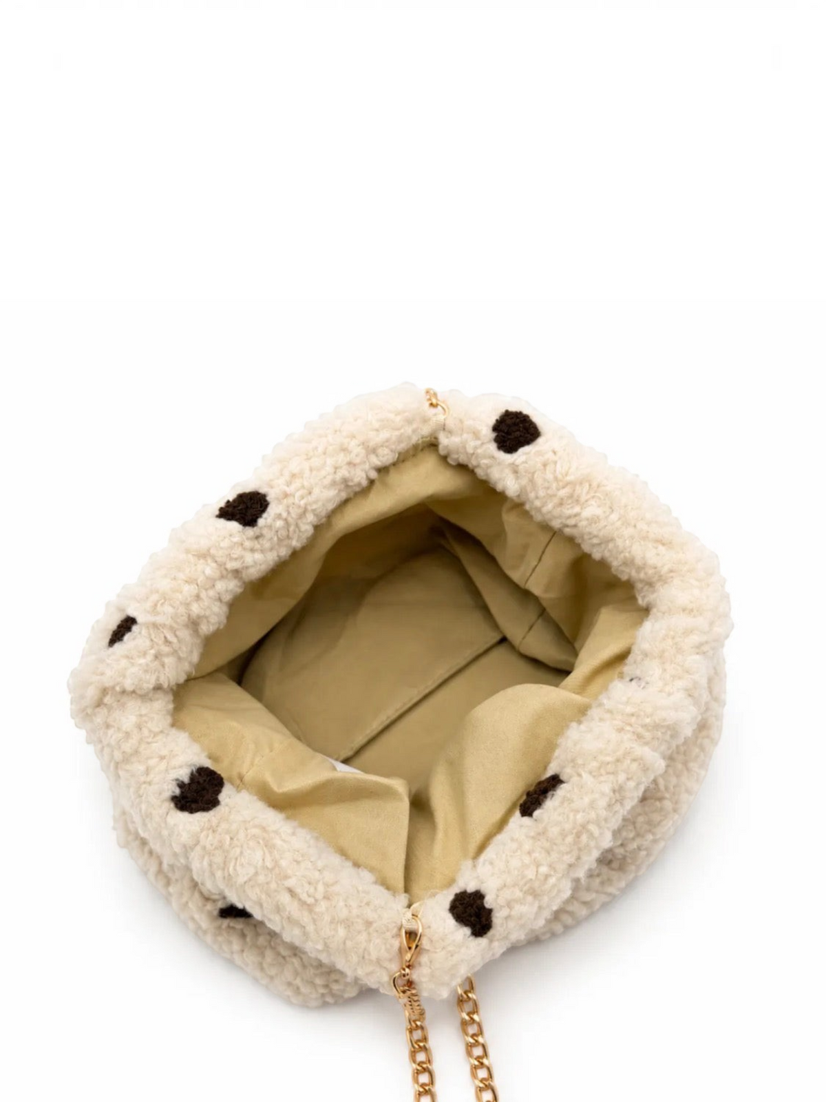 Pochette BROCK GALLANTRY en moumoute beige à pois marron avec chaîne dorée, vue intérieure ouverte