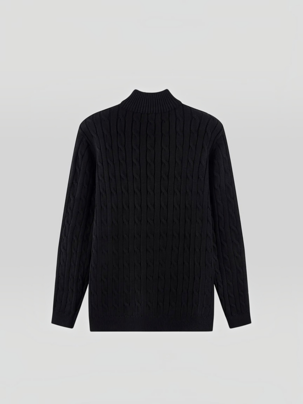 BROCK black cable-knit sweater with a structured mock neck collar, back view