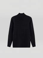 BROCK black cable-knit sweater with a structured mock neck collar, back view