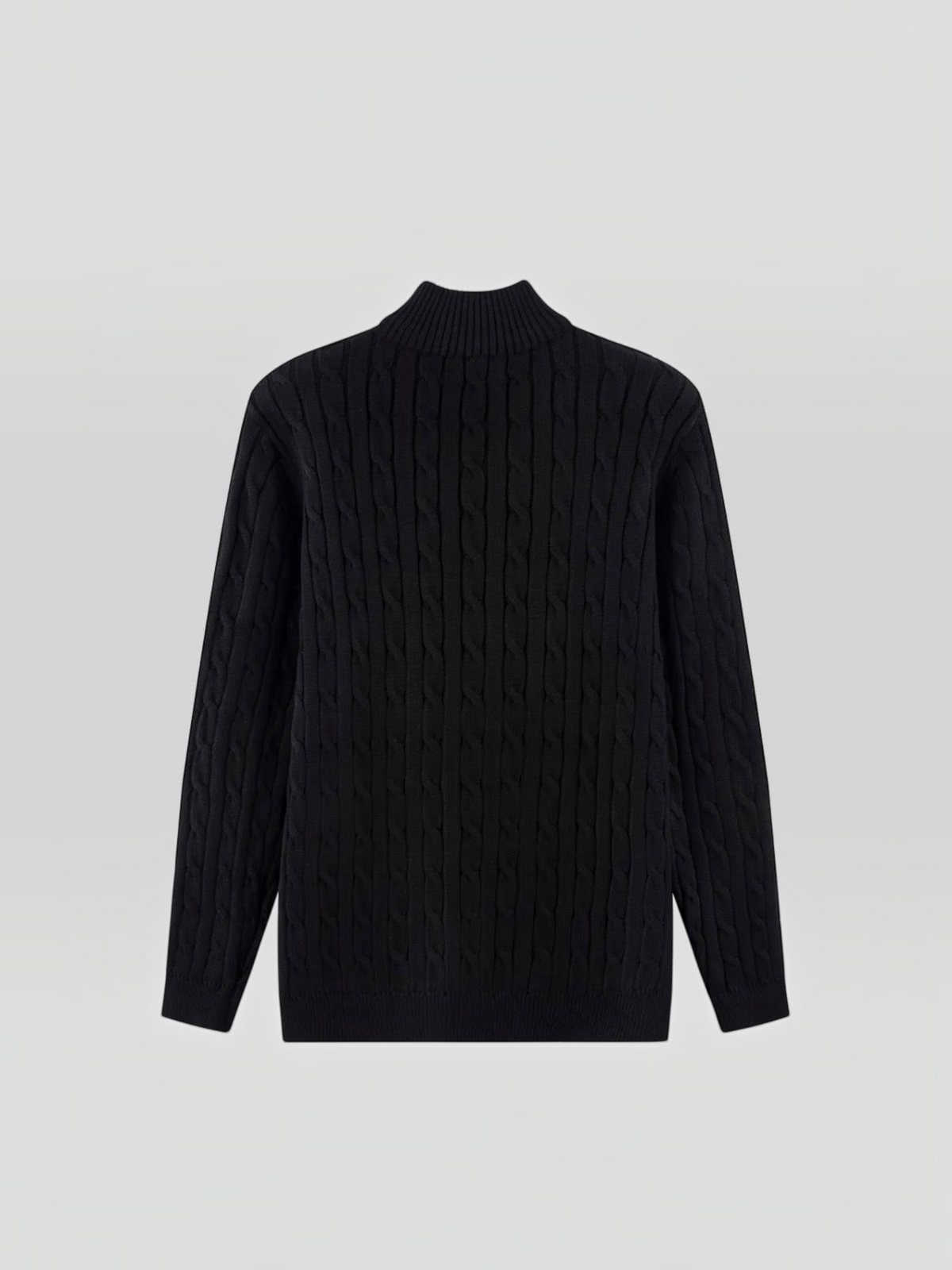 BROCK black cable-knit sweater with a structured mock neck collar, back view