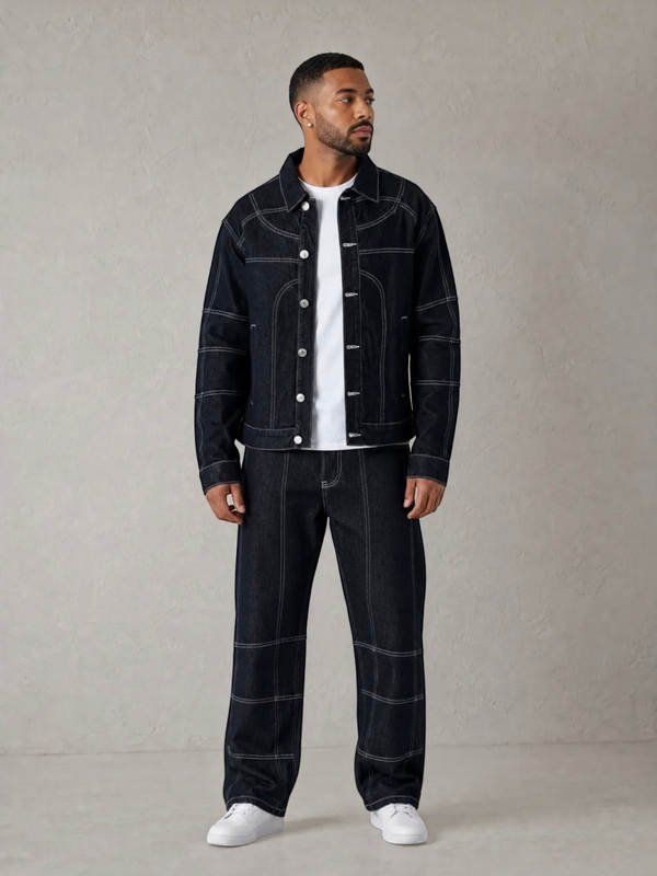 BROCK blue denim two-piece set with contrast stitching worn by a man with a white t-shirt and sneakers