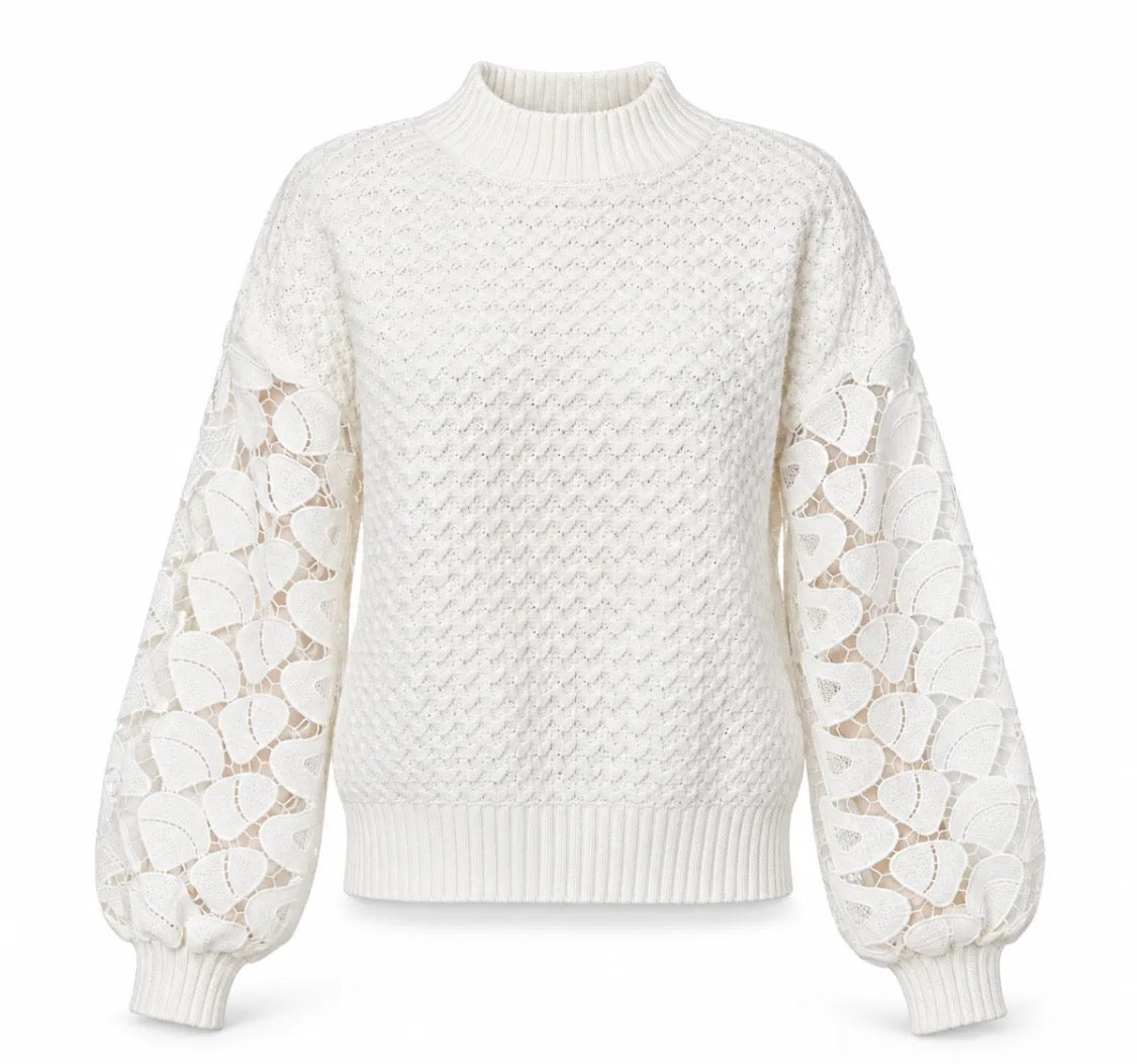 Pull blanc en maille à manches ajourées FRIME