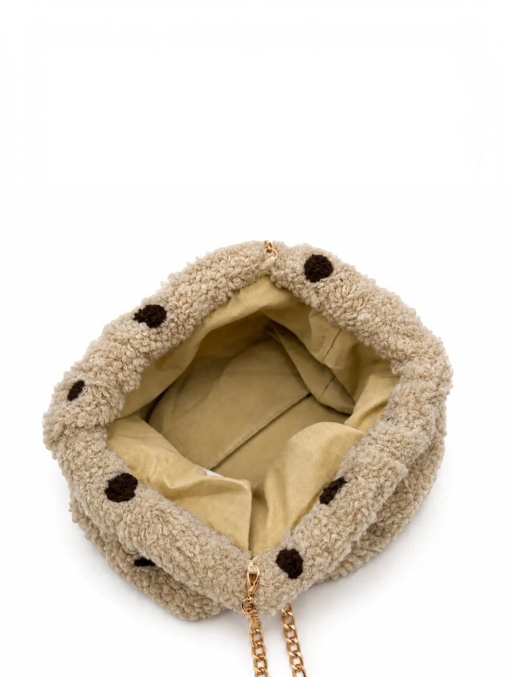 Pochette BROCK GALLANTRY en moumoute beige à pois marron avec intérieur doublé et chaîne dorée