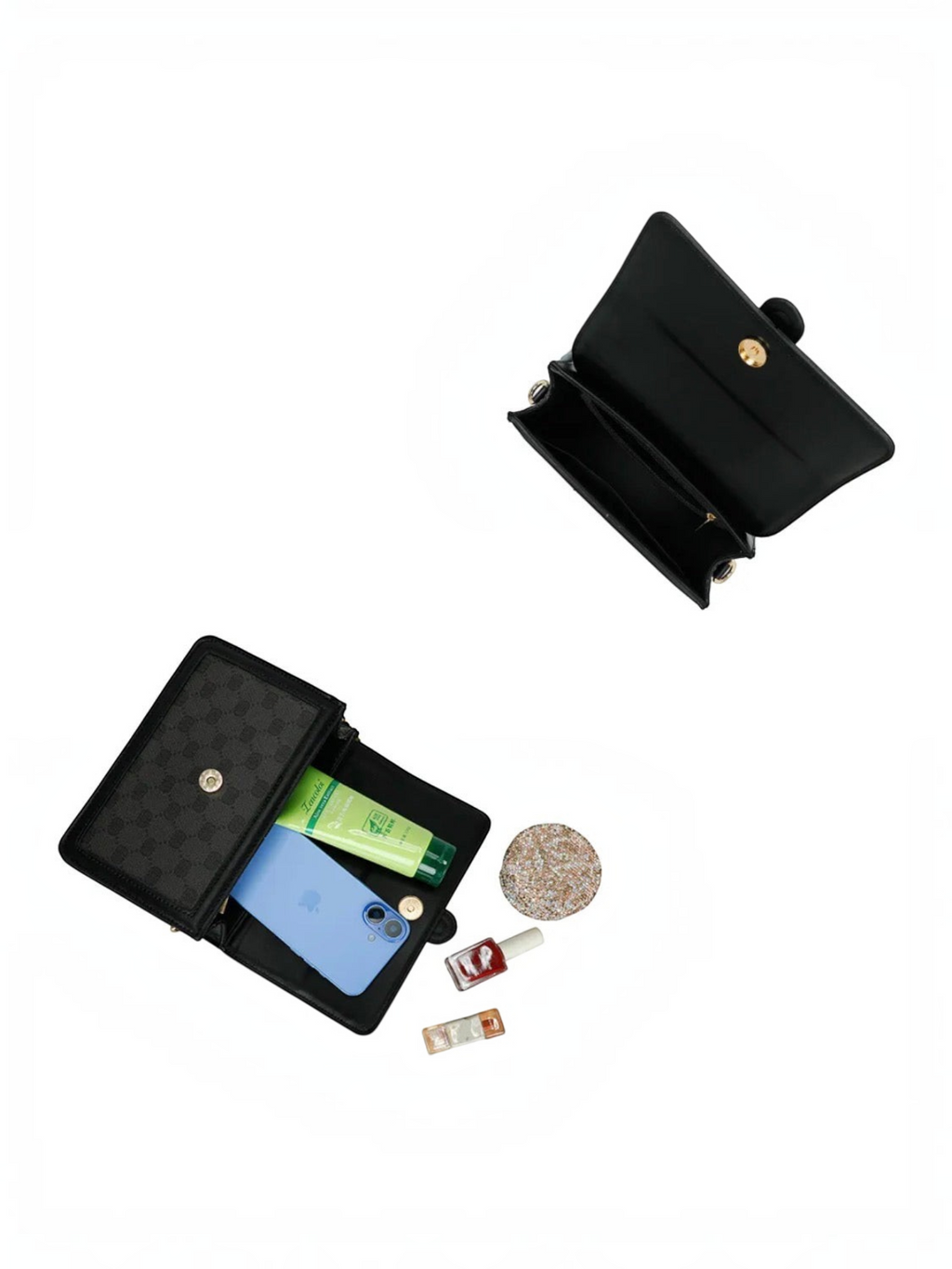 Sac à main noir BROCK avec motif monogramme, fermeture zippée et intérieur organisé pour accessoires quotidiens