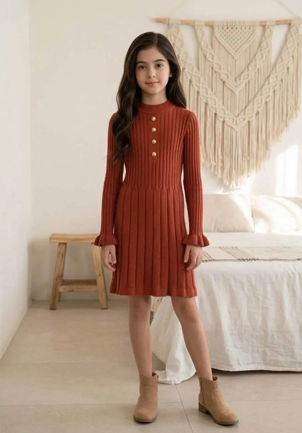 Robe pull maille côtelée boutons dorés enfant GRASSTAR