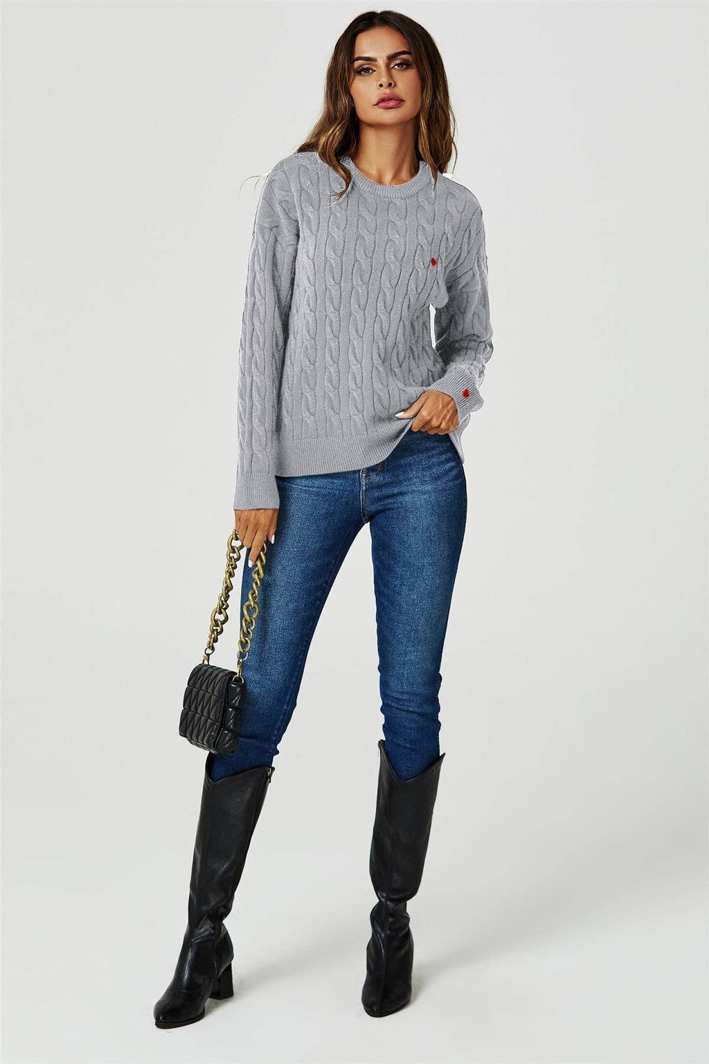 Pull en Maille Torsadée Gris avec Cœurs Rouges - FS collection - Pulls et Sweaters - FS Collection (Germany)