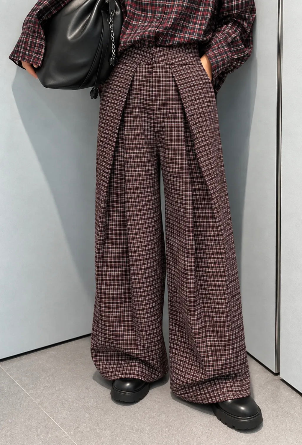 Pantalon large à carreaux et pinces femme FRIME