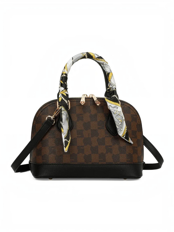 Sac à main BROCK GALLANTRY Charlotte en simili cuir brun et noir avec monogramme et anse ornée d'un foulard satiné