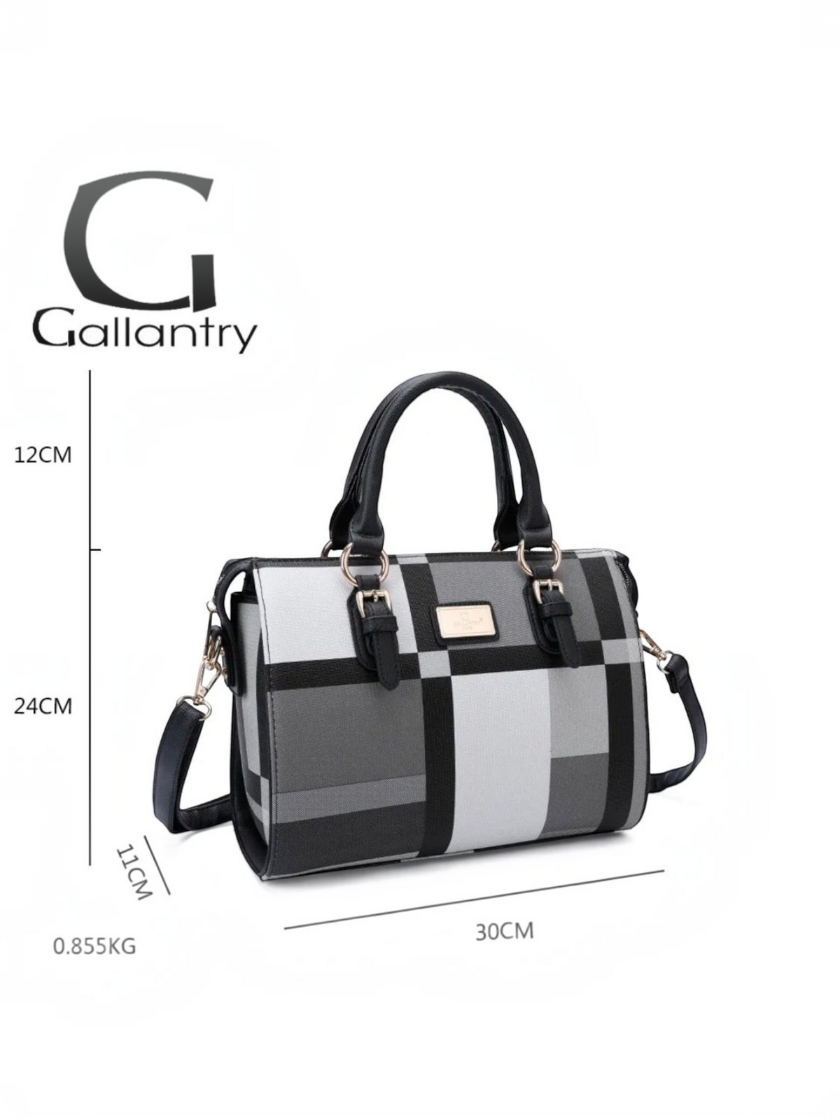 Sac à main BROCK GALLANTRY en similicuir noir et gris avec motif à carreaux et anses élégantes