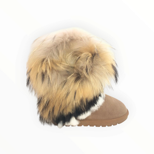 Bottines BROCK STEPHAN PARIS en cuir beige avec une épaisse bordure en fausse fourrure et une semelle crantée