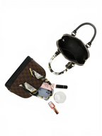 Sac à main BROCK GALLANTRY monogramme brun et noir avec foulard satiné et accessoires de maquillage