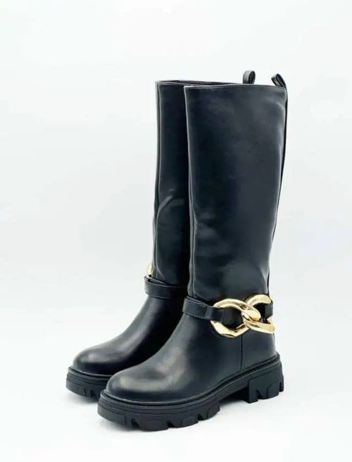 Bottes hautes noires à chaîne dorée STEPHAN PARIS