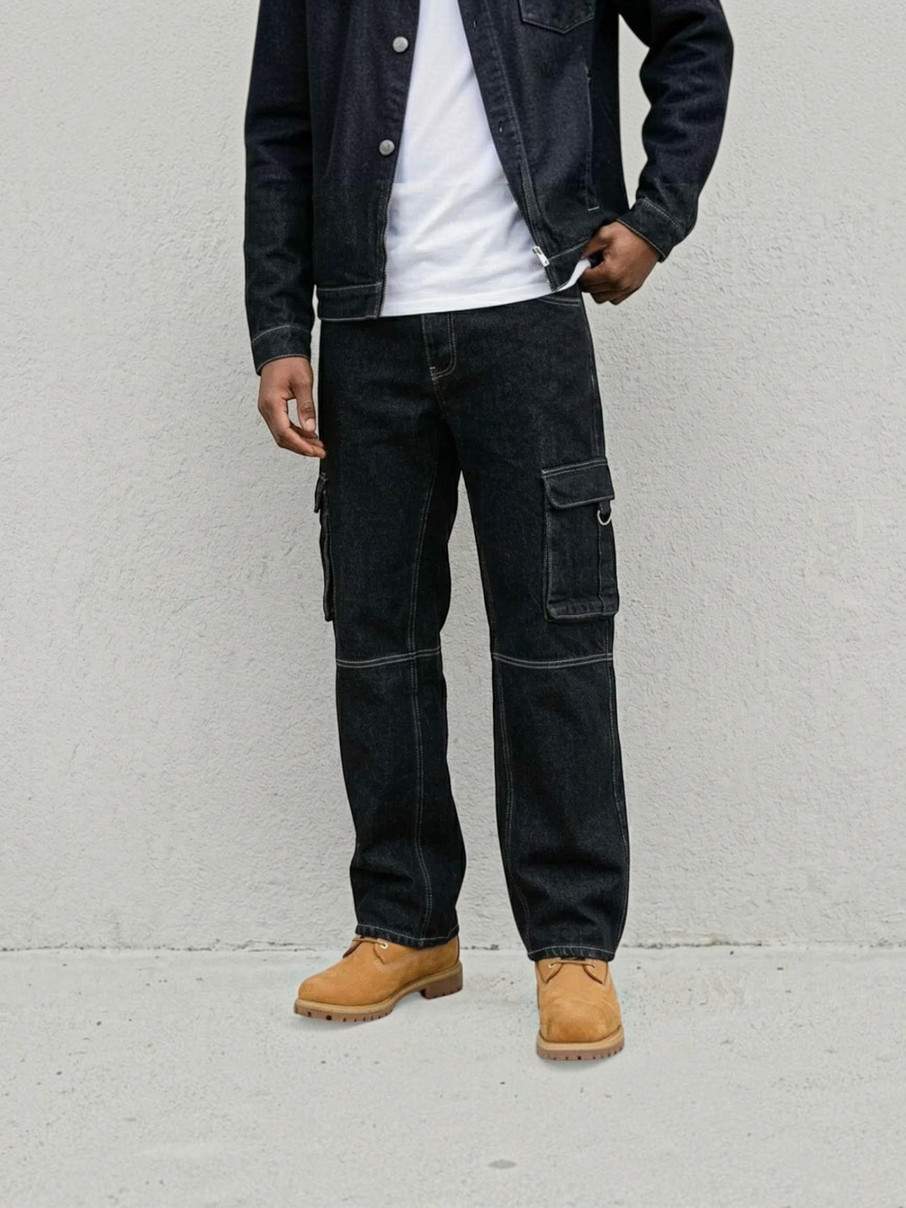 BROCK dark denim cargo pants and matching jacket set in 100% cotton with contrast stitching and utility pockets.