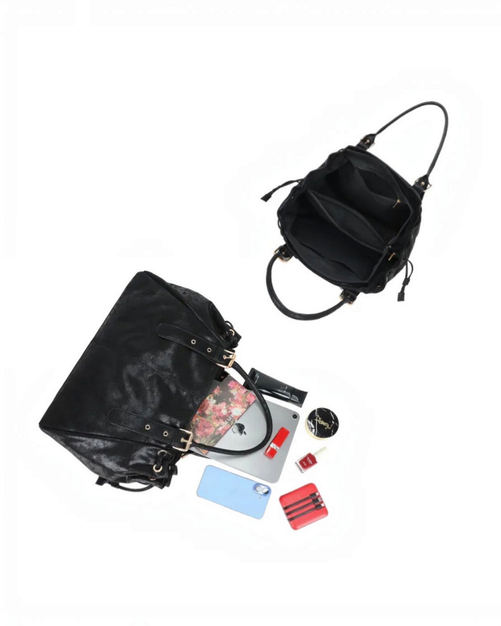 Sac cabas noir BROCK GALLANTRY en similicuir brillant avec anses à boucles, œillets argentés et accessoires inclus