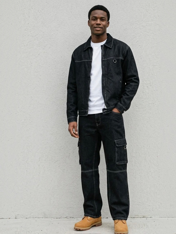 A man wearing a BROCK black denim jacket and matching cargo pants with white t-shirt and tan boots.