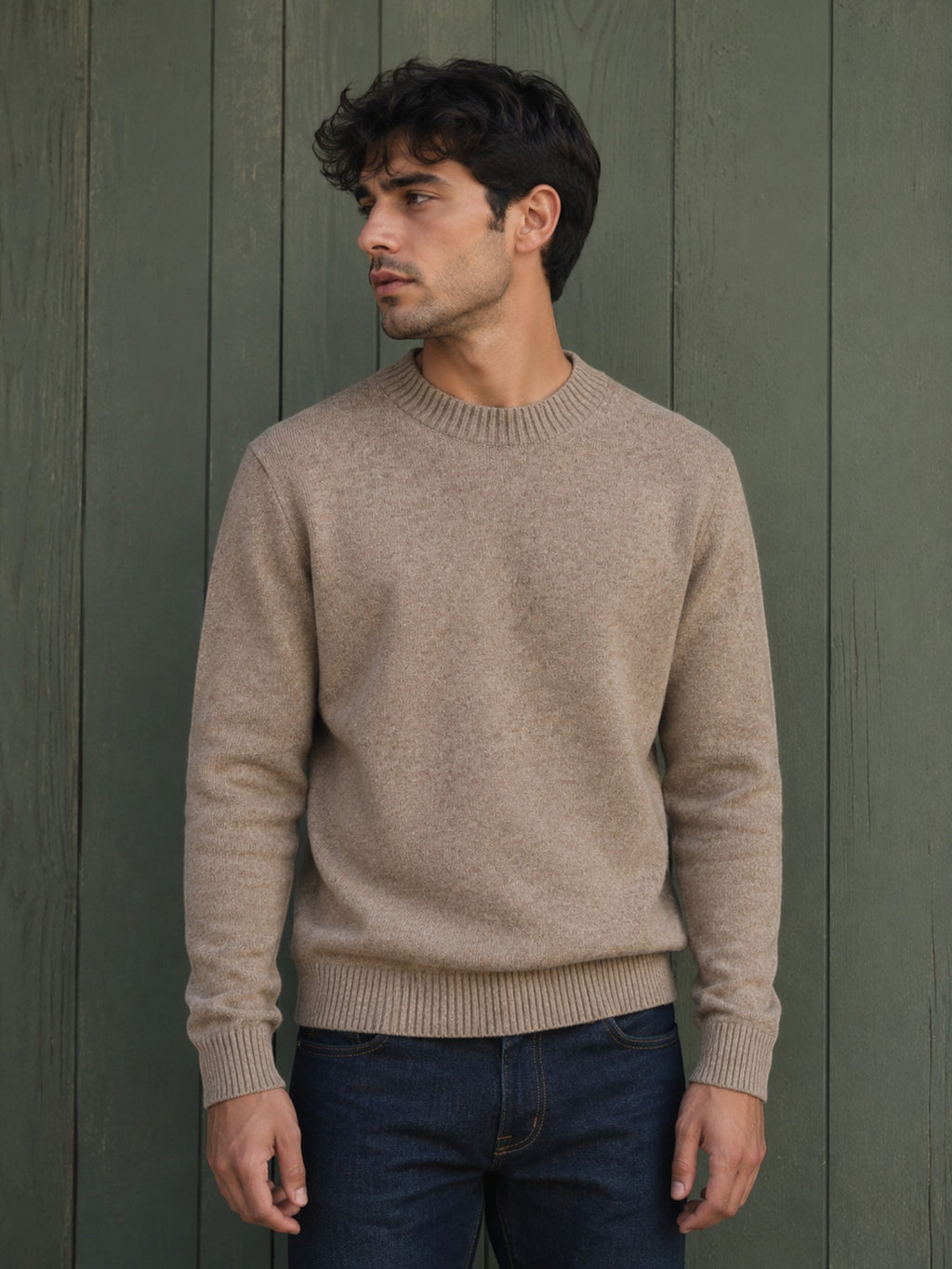 BROCK KZ DIFFUSION beige wool blend crew neck sweater worn by a man against a green wooden wall
