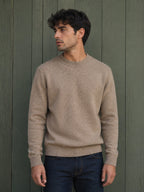 BROCK KZ DIFFUSION beige wool blend crew neck sweater worn by a man against a green wooden wall