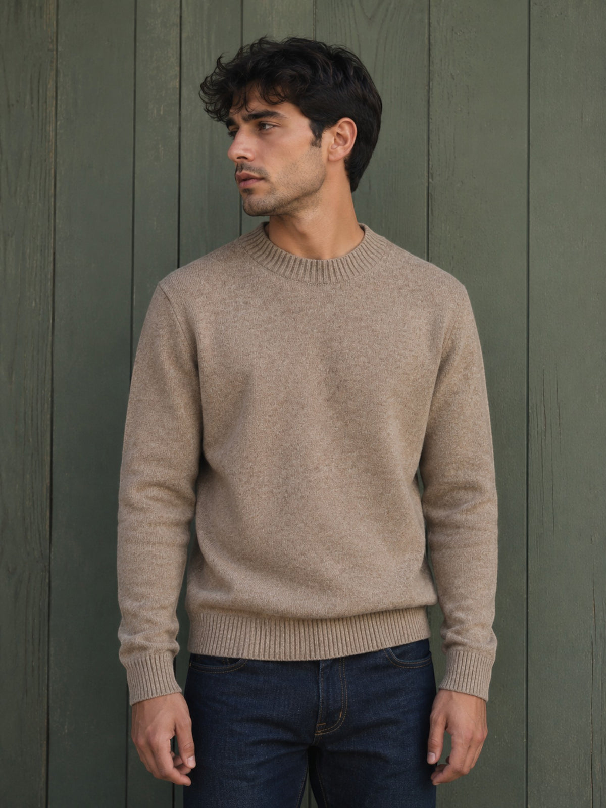 BROCK KZ DIFFUSION beige wool blend crew neck sweater worn by a man against a green wooden wall