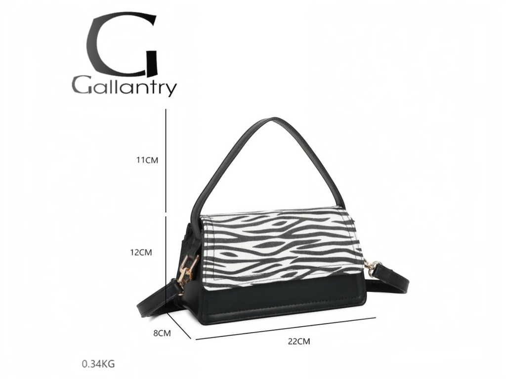 Sac à main BROCK GALLANTRY noir et blanc à motif zébré avec bandoulière réglable et fermeture zippée