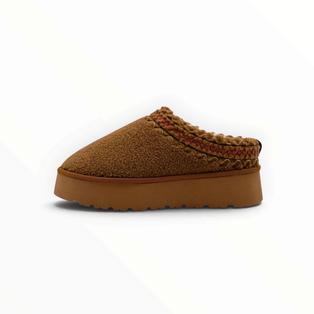 Pantoufles femme BROCK STEPHAN PARIS marron à plateforme, texture bouclée et bordure décorative contrastée.