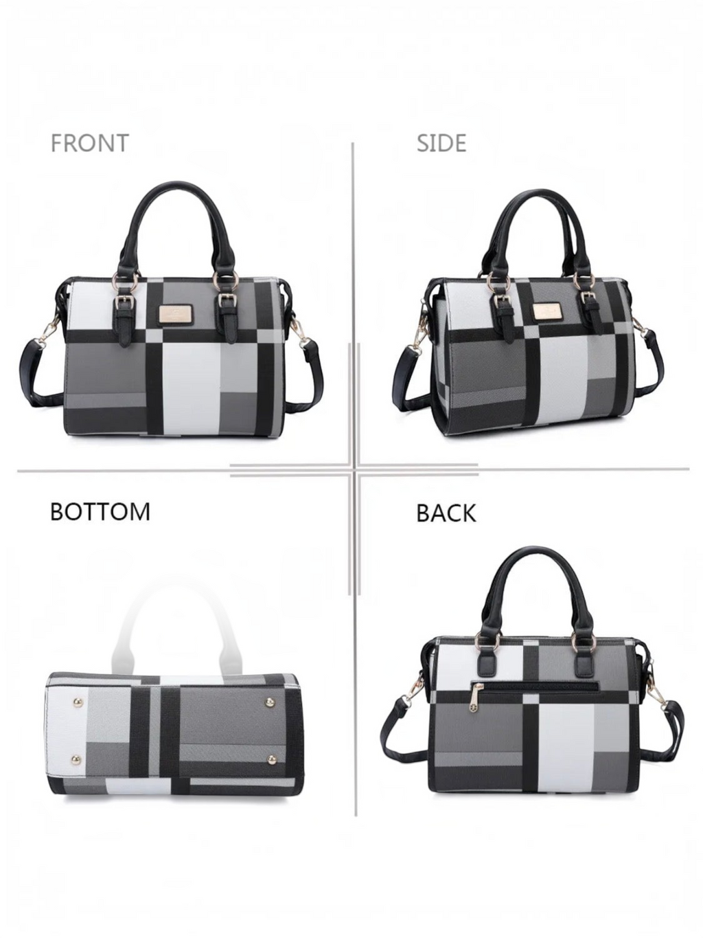 Sac à main BROCK GALLANTRY en similicuir à motif géométrique noir, gris et blanc avec anses et bandoulière