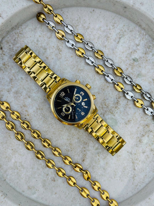 Montre Bravium Or Chrono cadran noir bracelet maillons dorés GG LUXE WATCH