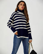 Pull à col roulé à rayures en bleu marine  FS collection