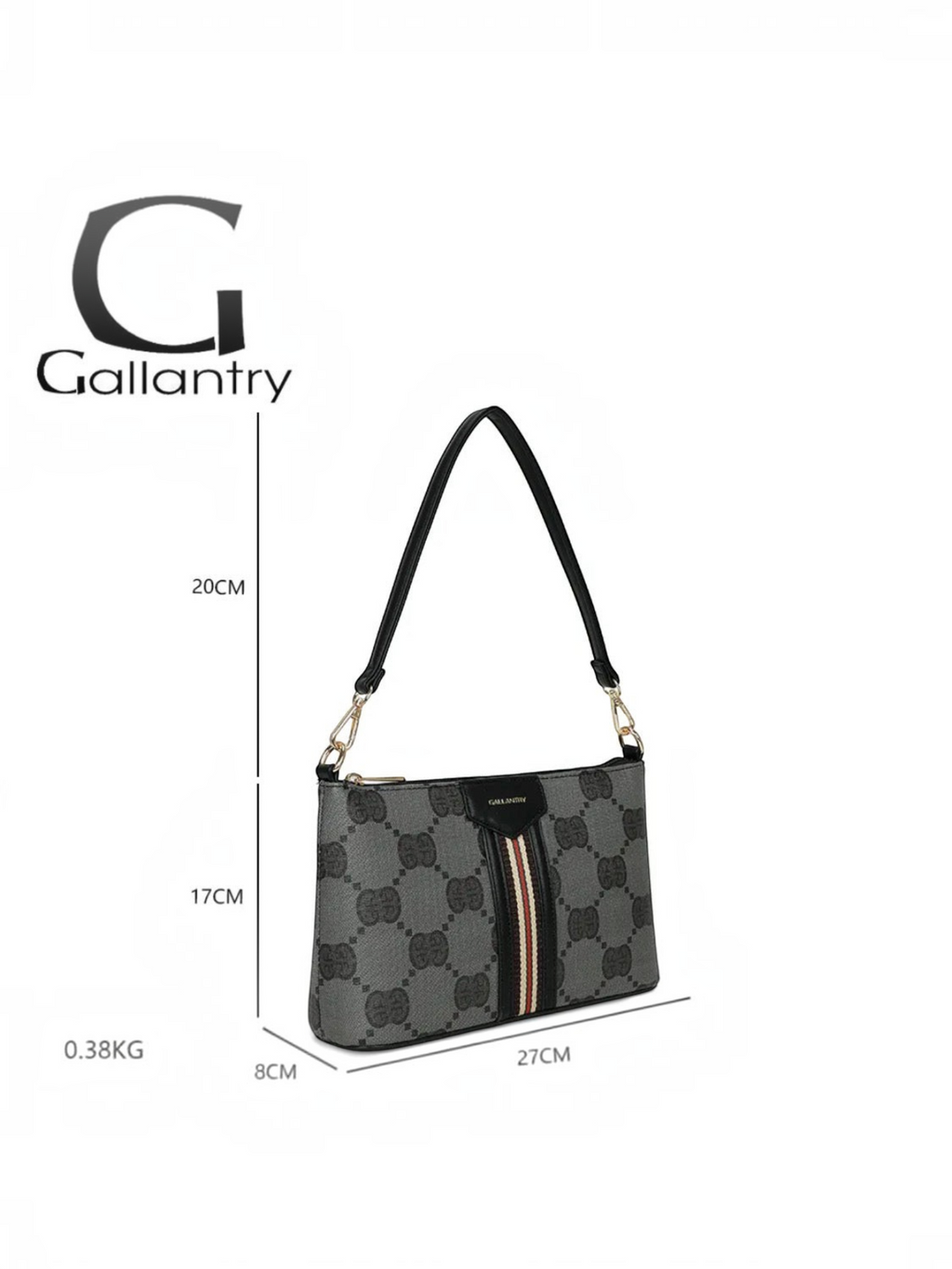 Sac bandoulière BROCK GALLANTRY en simili cuir gris et noir avec motif monogramme et bande tricolore centrale
