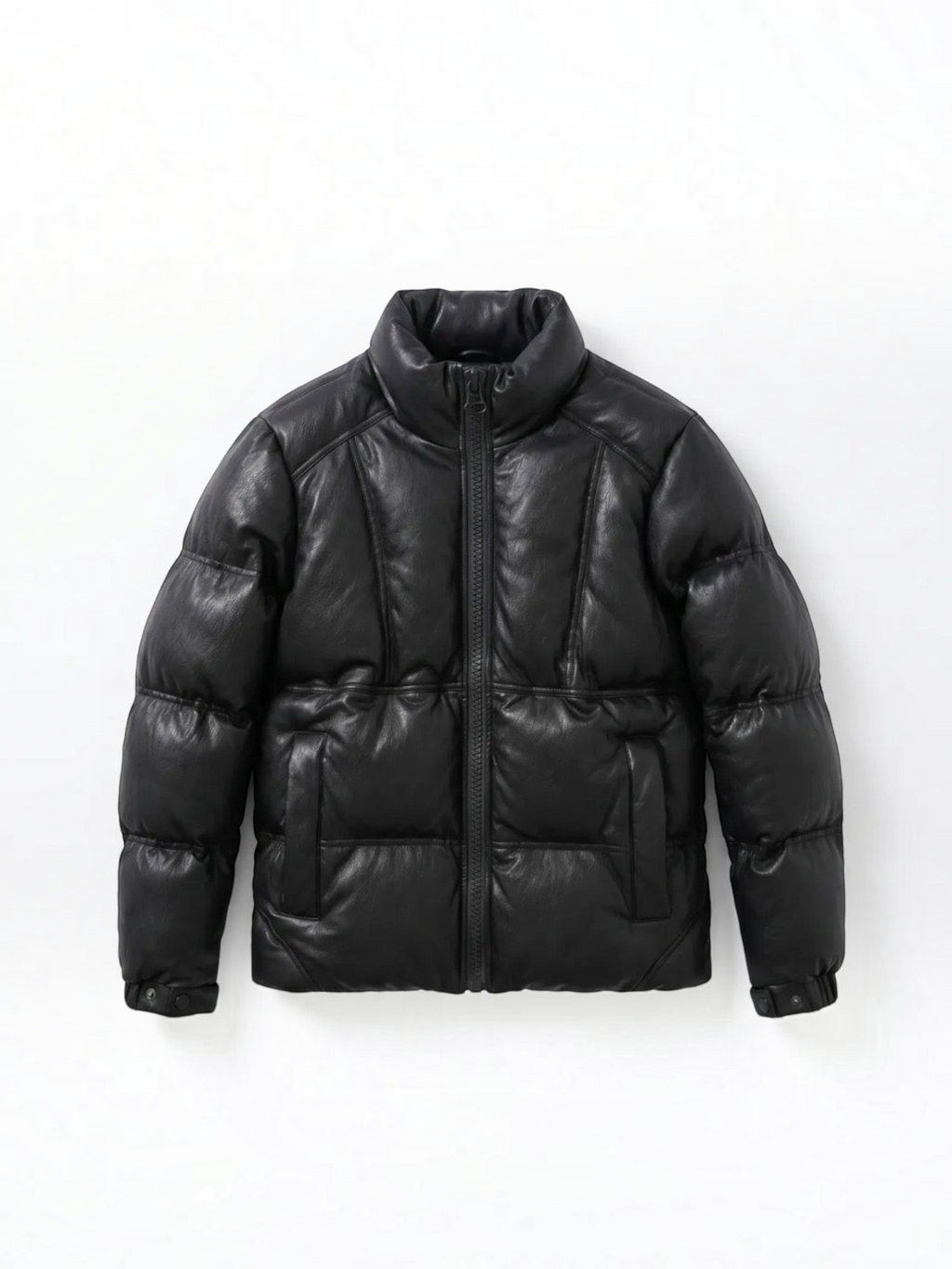 BROCK black faux leather puffer jacket with a high collar and front zip closure