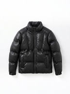 BROCK black faux leather puffer jacket with a high collar and front zip closure