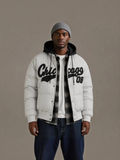 BROCK KZ DIFFUSION men's grey puffer jacket with removable black hood and Chicago graphic print