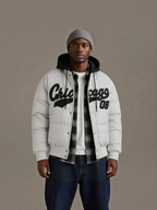 BROCK KZ DIFFUSION men's grey puffer jacket with removable black hood and Chicago graphic print
