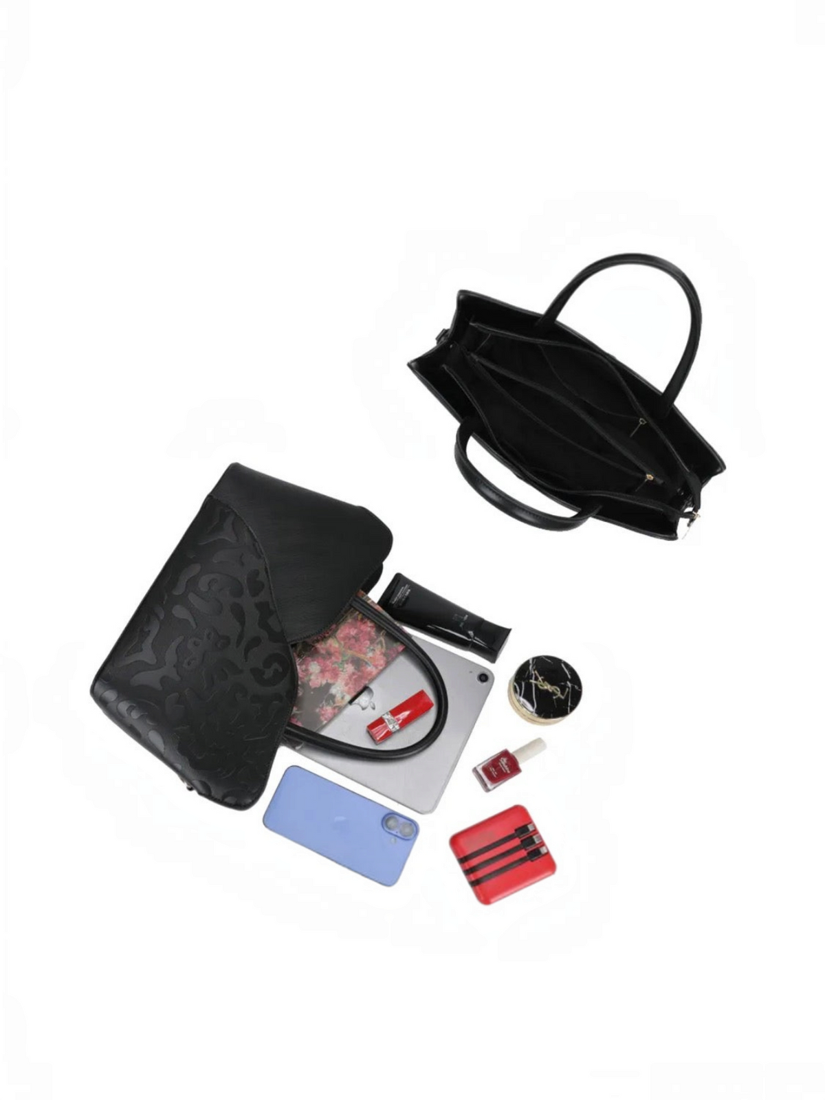 Sac à main noir BROCK GALLANTRY en polyuréthane avec motifs ton sur ton, anses et intérieur compartimenté organisé
