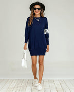 Robe pull tunique en tricot à rayures blanches en bleu marine  FS collection