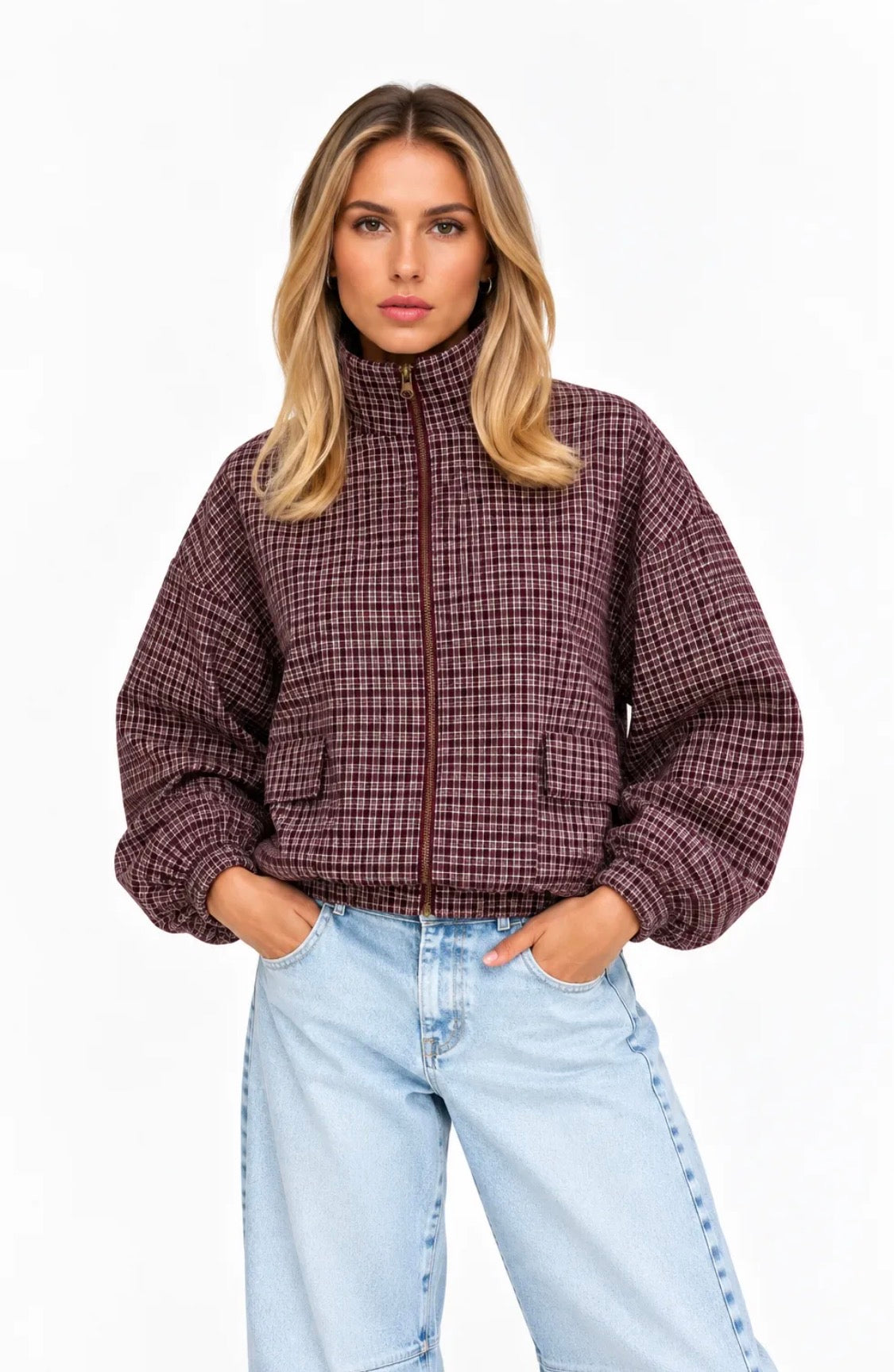 Bomber à carreaux zippé à col montant femme FRIME