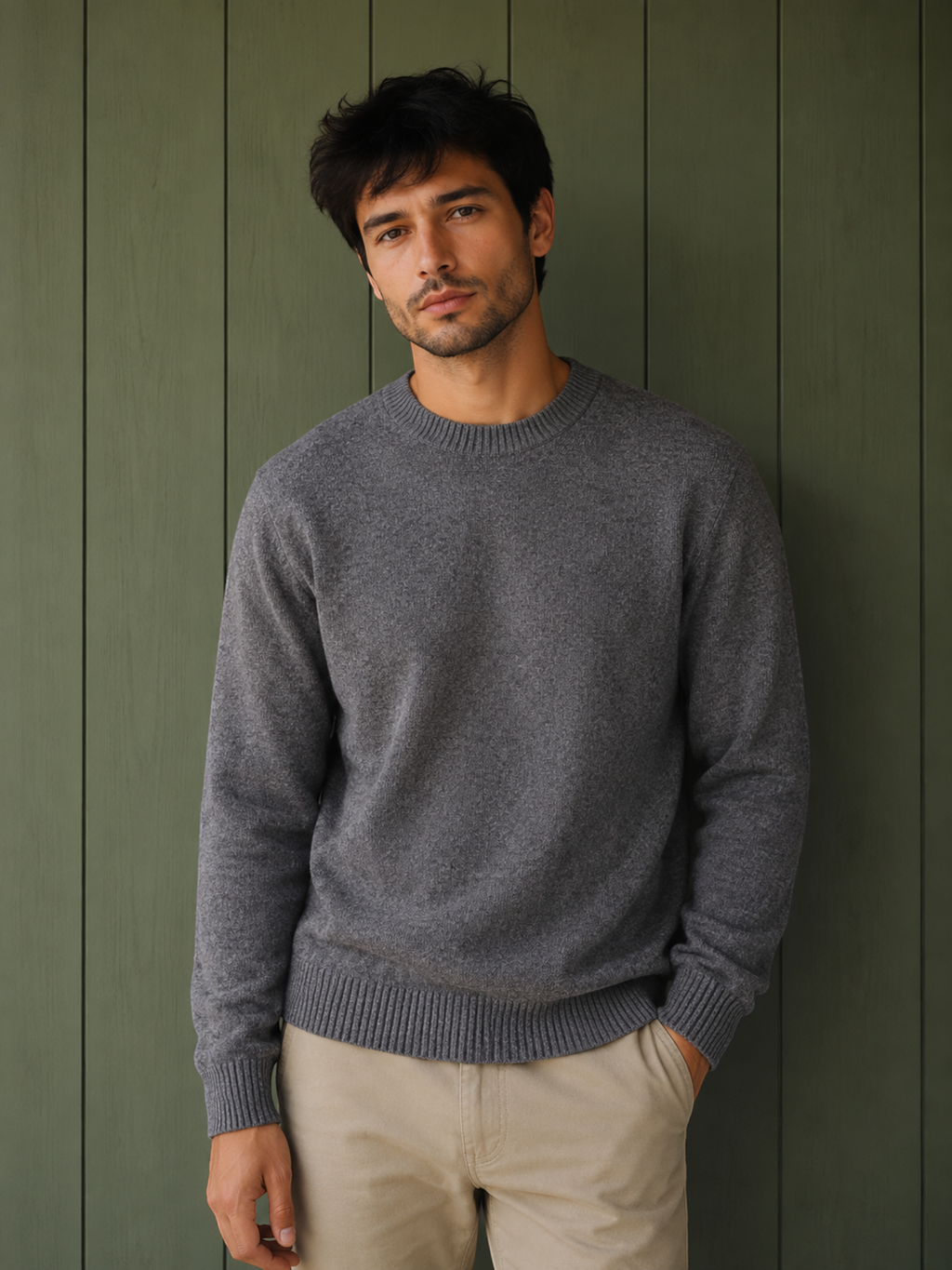 Man wearing a grey KZ DIFFUSION wool blend sweater with a crew neck against a green wooden wall, BROCK style.