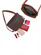 Sac bandoulière BROCK GALLANTRY marron à motif géométrique avec accessoires, portefeuille et téléphone