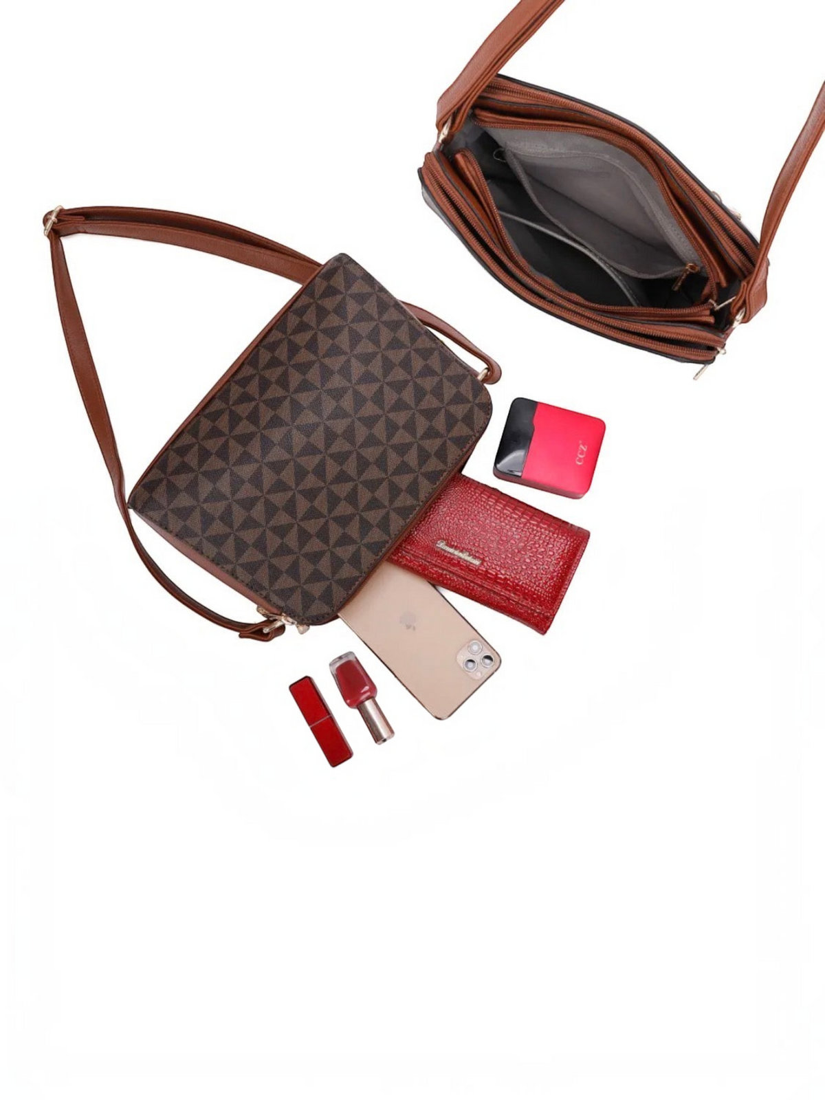 Sac bandoulière BROCK GALLANTRY marron à motif géométrique avec accessoires, portefeuille et téléphone