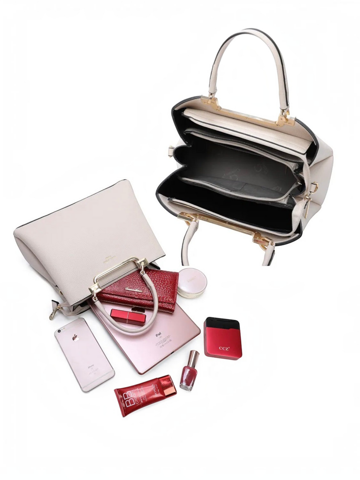Sac à main structuré BROCK GALLANTRY beige en cuir synthétique avec compartiments intérieurs et accessoires de mode
