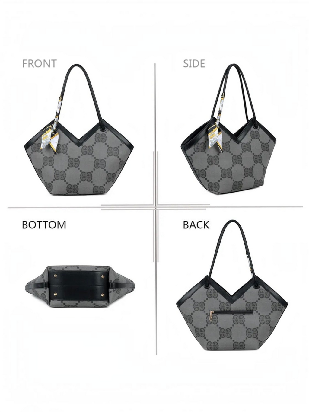Sac à main BROCK GALLANTRY gris à motif monogramme avec anses noires et foulard décoratif, vues multiples