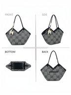 Sac à main BROCK GALLANTRY gris à motif monogramme avec anses noires et foulard décoratif, vues multiples