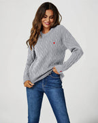 Pull en Maille Torsadée Gris avec Cœurs Rouges -  FS collection