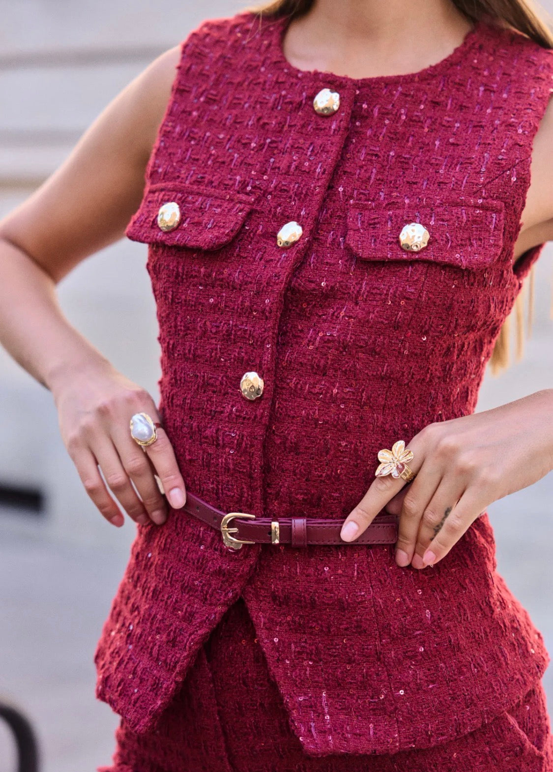 Ensemble pantalon en tweed et haut sans manches FRIME
