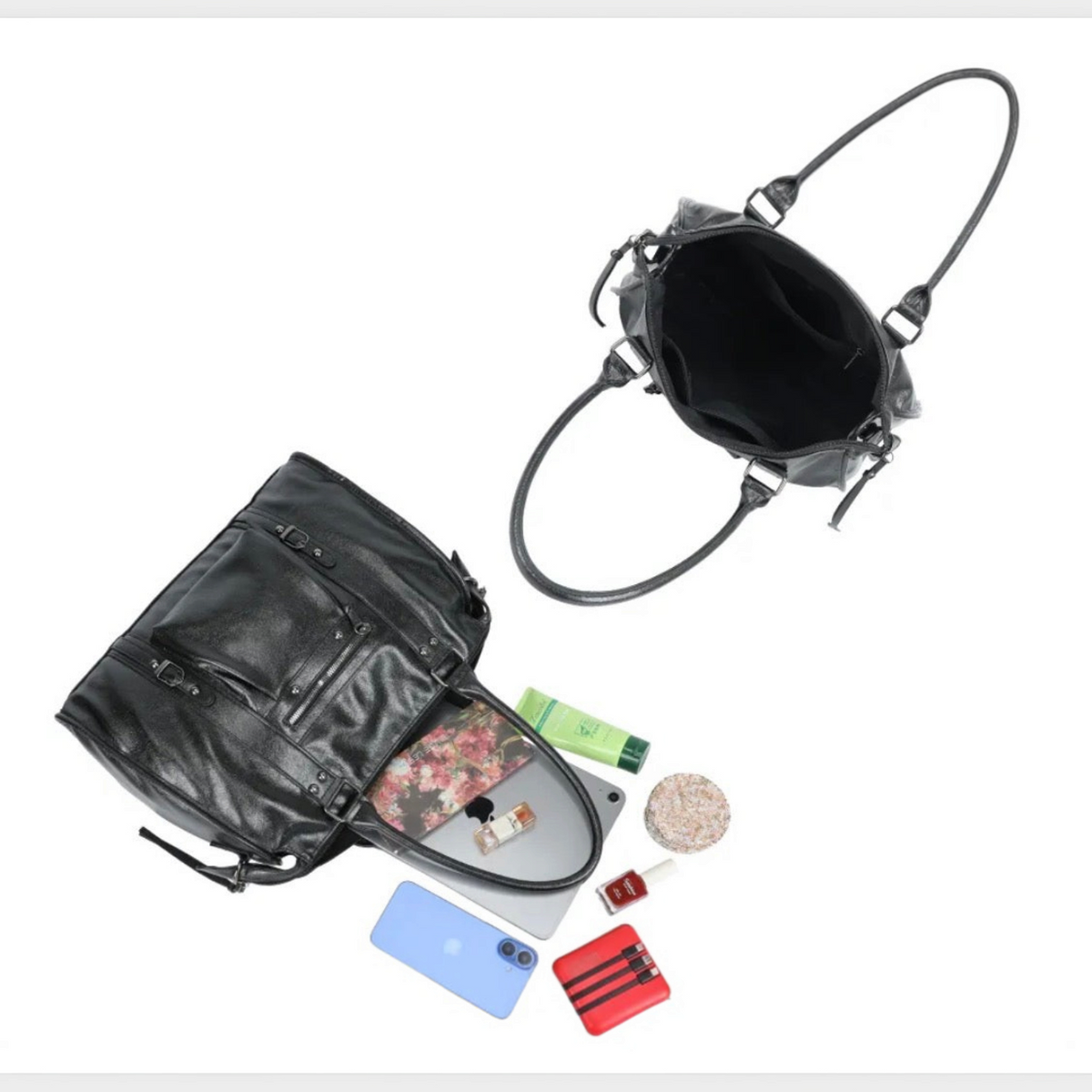Sac à main grand format BROCK GALLANTRY Skyla métallisé noir avec accessoires et vue intérieure
