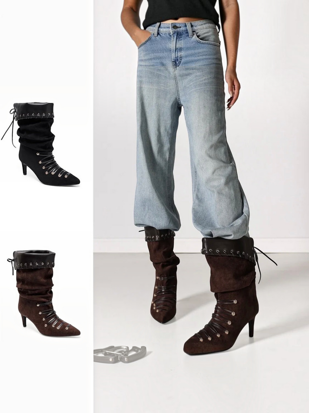 Bottes mi-mollet BROCK en velours froissé noir et marron avec talon aiguille, bout pointu et col en similicuir