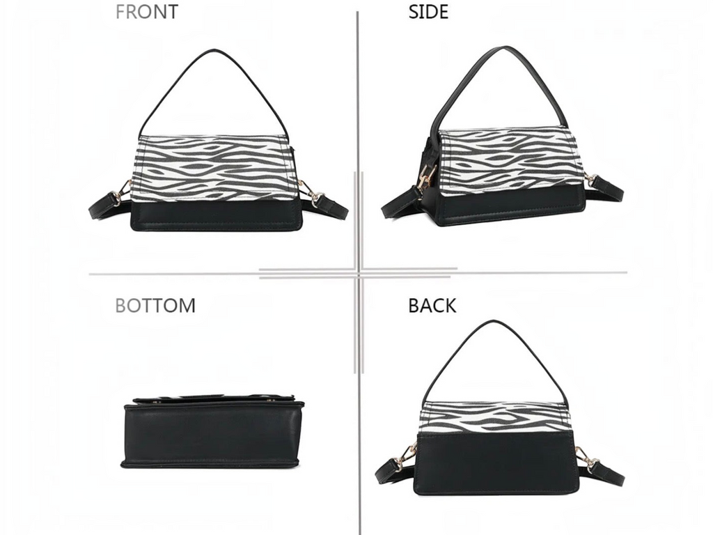 Sac à main BROCK GALLANTRY noir et blanc à motif zébré avec bandoulière amovible, vues multiples.
