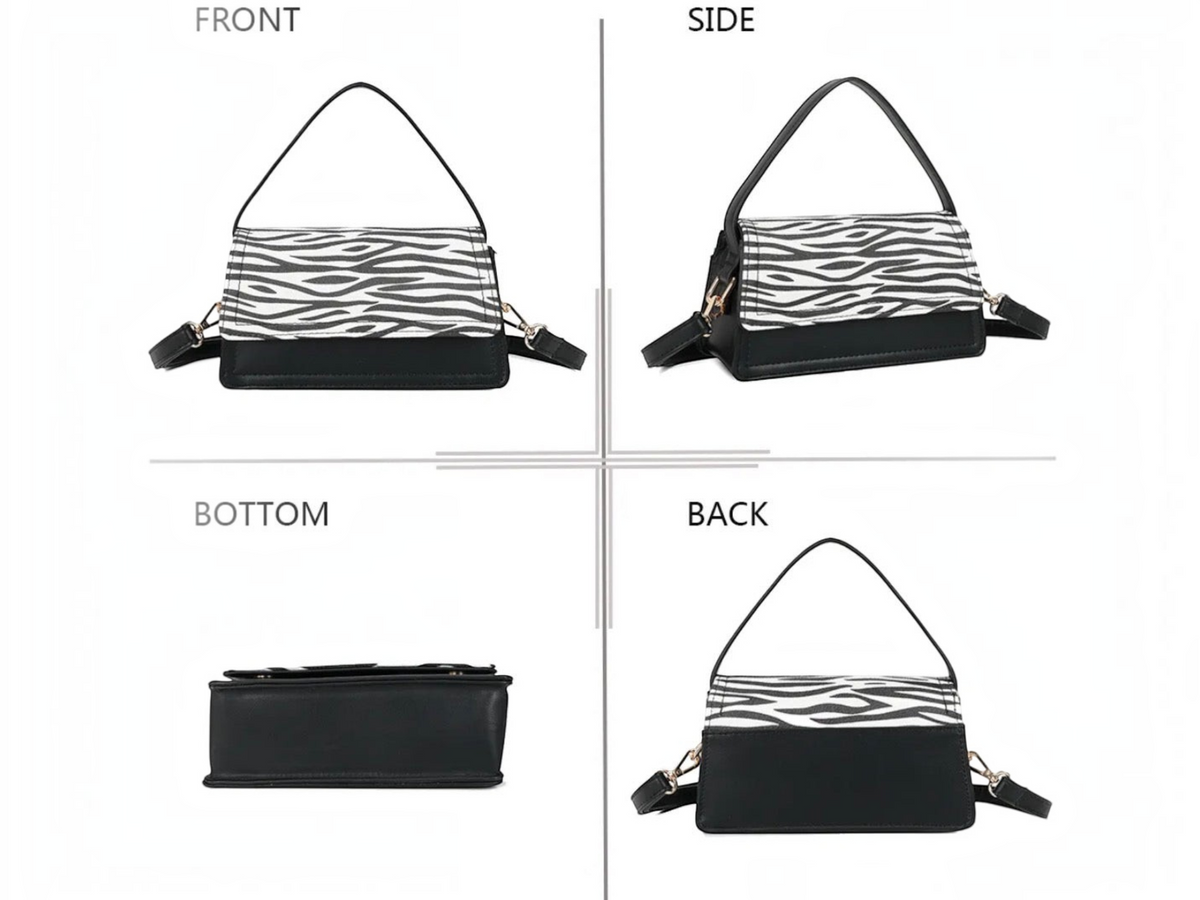 Sac à main BROCK GALLANTRY noir et blanc à motif zébré avec bandoulière amovible, vues multiples.