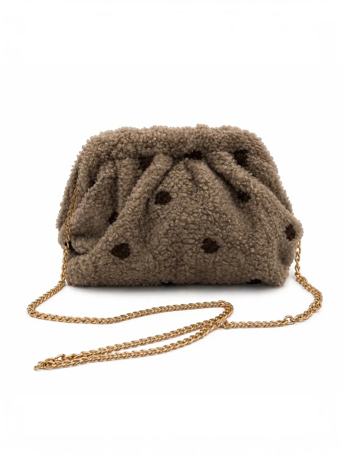 Pochette BROCK GALLANTRY en moumoute beige à pois marron avec chaîne dorée, style cosy et tendance